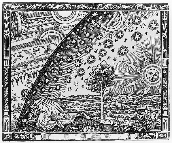 A traveller peers through an opening in the firmament in an illustration from Camille Flammarion's L'atmosphère : météorologie populaire (Paris: Hachette, 1888)