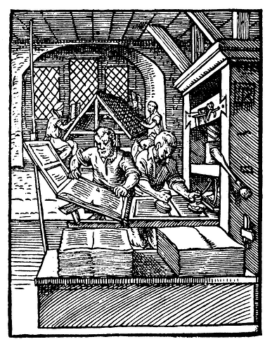 An early wooden printing press, depicted in 1568